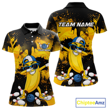 Load image into Gallery viewer, Front and back views of a black and yellow bowling polo featuring a cool banana mascot dabbing, bowling pins, a blue bowling ball, and custom team text.