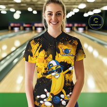 Load image into Gallery viewer, Woman wearing a black and yellow bowling quarter zip featuring a cool banana mascot dabbing, bowling pins, a blue bowling ball, and custom your name text.