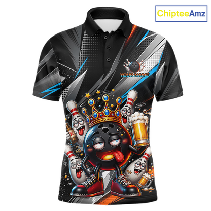 Front view personalized bowling polo shirt with a crowned bowling ball character surrounded by pins and angled graphic patterns across a black layout.