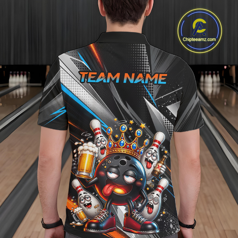 Men wearing personalized bowling polo shirt with a crowned bowling ball character surrounded by pins and angled graphic patterns across a black layout.