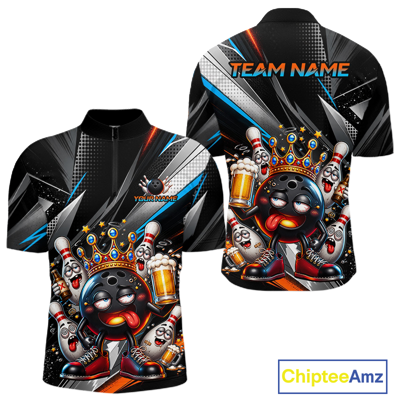 Front and back view personalized bowling quarter zip shirt with a crowned bowling ball character surrounded by pins and angled graphic patterns across a black layout.