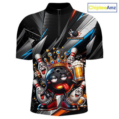 Front view personalized bowling quarter zip shirt with a crowned bowling ball character surrounded by pins and angled graphic patterns across a black layout.