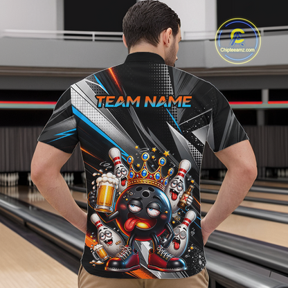 Men wearing personalized bowling quarter zip shirt with a crowned bowling ball character surrounded by pins and angled graphic patterns across a black layout.