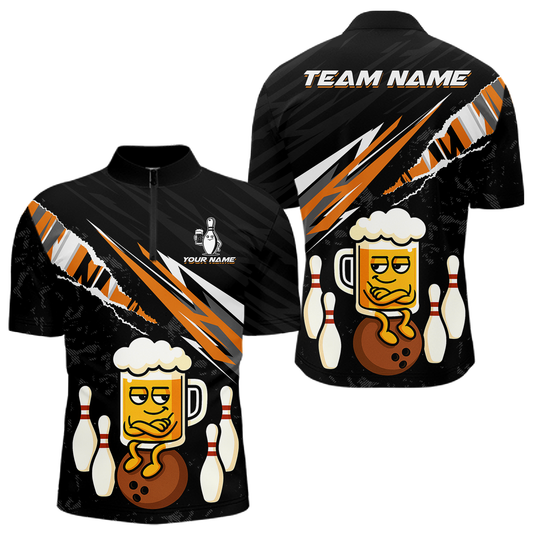 Custom Orange Funny Beer Bowling Jersey for Men Bowling Team Shirts Polo & 1/4 Zip HNT170