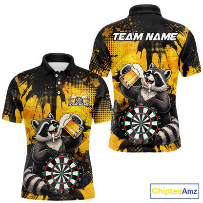 Front and back views of a black and yellow darts polo featuring a raccoon drinking beer, dartboard graphics, and custom team and player name text.
