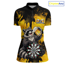 Load image into Gallery viewer, Front views of a black and yellow darts quarter zip featuring a raccoon drinking beer, dartboard graphics, and custom team and player name text.