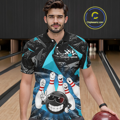 A man wearing a custom bowling-themed short-sleeve polo shirt with a graphic print of bowling pins, a bowling ball, and a cartoon character, standing in a bowling alley. A circular 'Chipeamz.