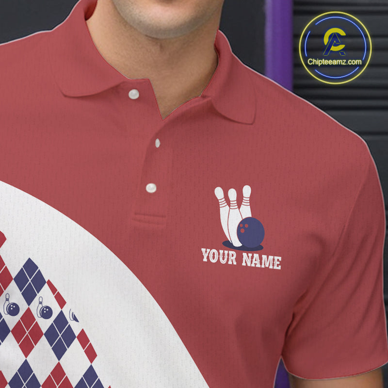 Custom Red White Argyle Pattern Bowling Jersey for Men Bowling Team Shirts Polo & 1/4 Zip HNT499