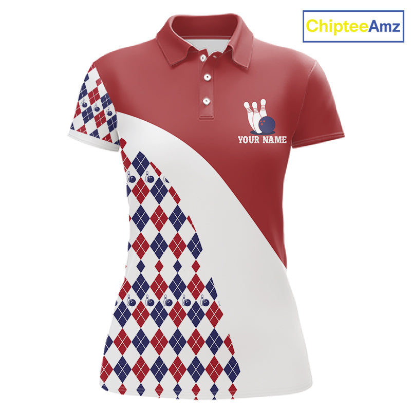 Custom Red White Argyle Pattern Bowling Jersey for Women Bowling Team Shirts Polo & 1/4 Zip HNT499