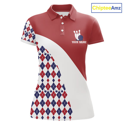 Custom Red White Argyle Pattern Bowling Jersey for Women Bowling Team Shirts Polo & 1/4 Zip HNT499