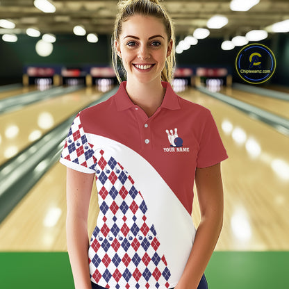 Custom Red White Argyle Pattern Bowling Jersey for Women Bowling Team Shirts Polo & 1/4 Zip HNT499