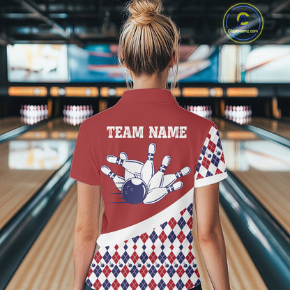 Custom Red White Argyle Pattern Bowling Jersey for Women Bowling Team Shirts Polo & 1/4 Zip HNT499