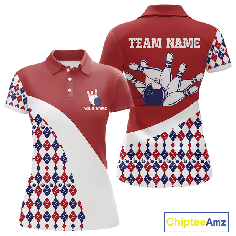 Custom Red White Argyle Pattern Bowling Jersey for Women Bowling Team Shirts Polo & 1/4 Zip HNT499
