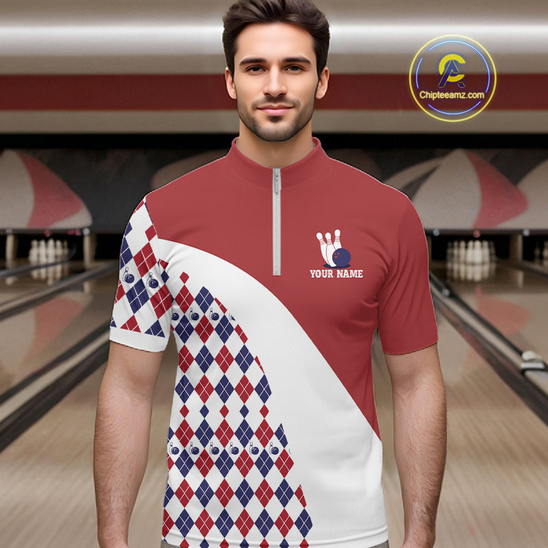 Custom Red White Argyle Pattern Bowling Jersey for Men Bowling Team Shirts Polo & 1/4 Zip HNT499