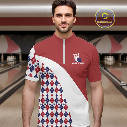 Custom Red White Argyle Pattern Bowling Jersey for Men Bowling Team Shirts Polo & 1/4 Zip HNT499