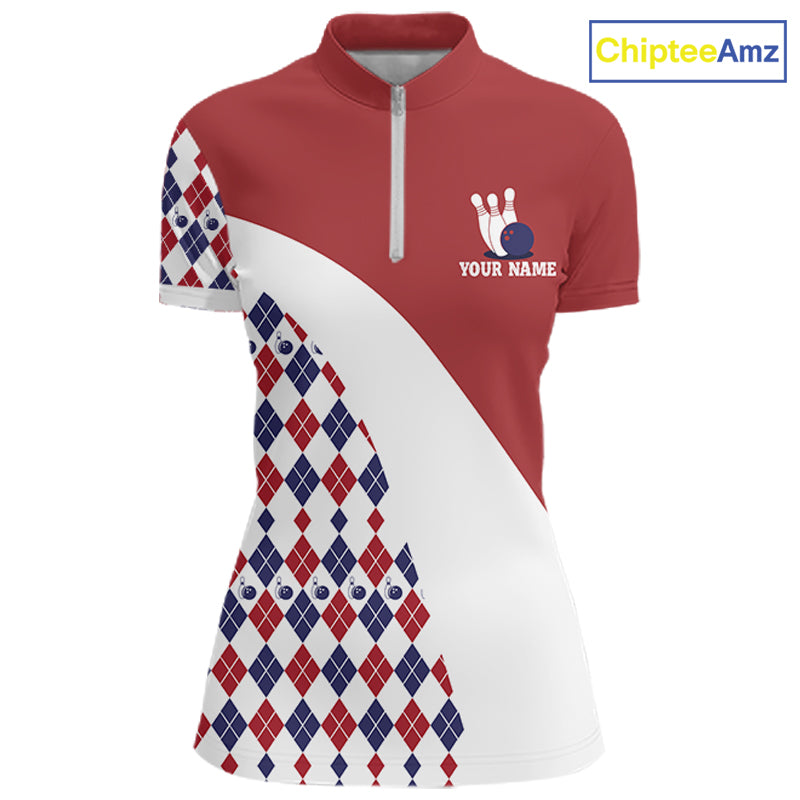 Custom Red White Argyle Pattern Bowling Jersey for Women Bowling Team Shirts Polo & 1/4 Zip HNT499