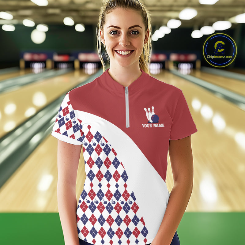 Custom Red White Argyle Pattern Bowling Jersey for Women Bowling Team Shirts Polo & 1/4 Zip HNT499