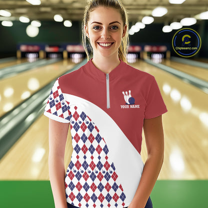 Custom Red White Argyle Pattern Bowling Jersey for Women Bowling Team Shirts Polo & 1/4 Zip HNT499