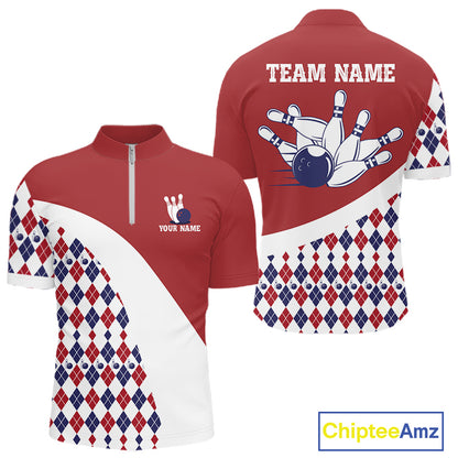 Custom Red White Argyle Pattern Bowling Jersey for Men Bowling Team Shirts Polo & 1/4 Zip HNT499