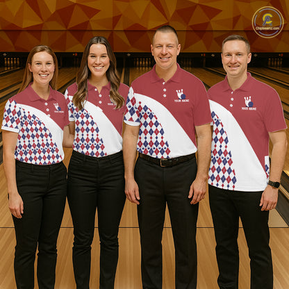Custom Red White Argyle Pattern Bowling Jersey for Women Bowling Team Shirts Polo & 1/4 Zip HNT499