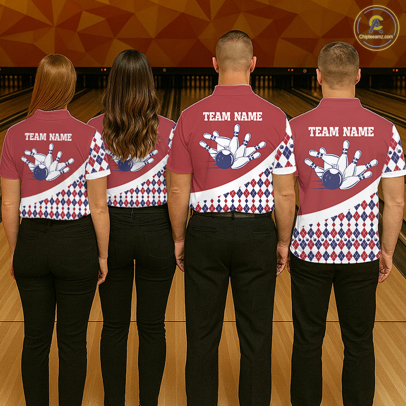 Custom Red White Argyle Pattern Bowling Jersey for Men Bowling Team Shirts Polo & 1/4 Zip HNT499