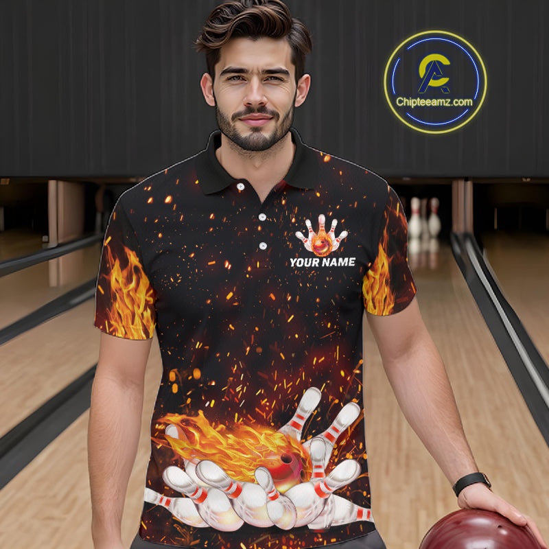 Custom Orange Flame Bowling Jersey for Men Bowling Team Shirts Bowling League Polo & 1/4 Zip HNT498