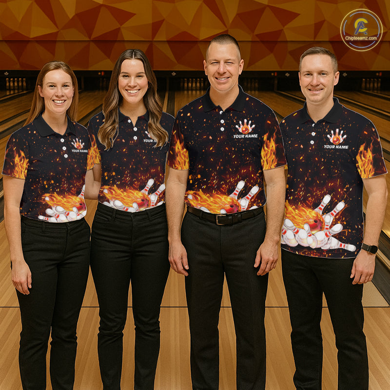Custom Orange Flame Bowling Jersey for Men Bowling Team Shirts Bowling League Polo & 1/4 Zip HNT498