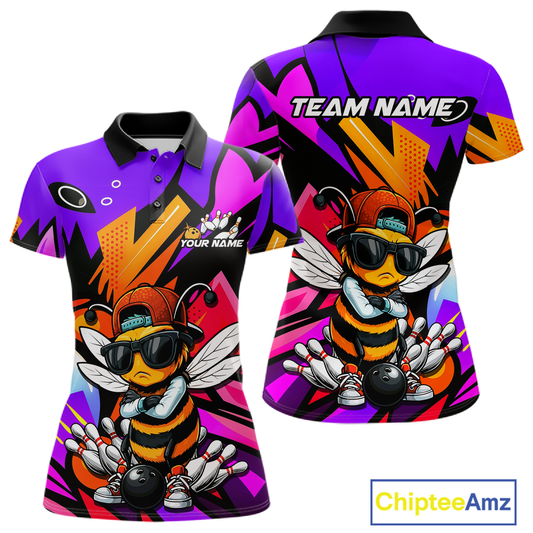 Custom Funny Bee Graffiti Pattern Bowling Jersey for Women Bowling Team Shirts Polo & 1/4 Zip HNT174
