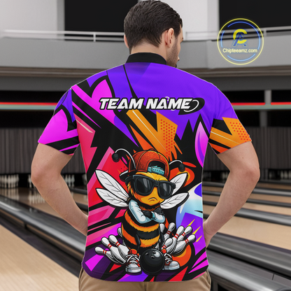 Custom Funny Bee Graffiti Pattern Bowling Jersey for Men Bowling Team Shirts Polo & 1/4 Zip HNT174