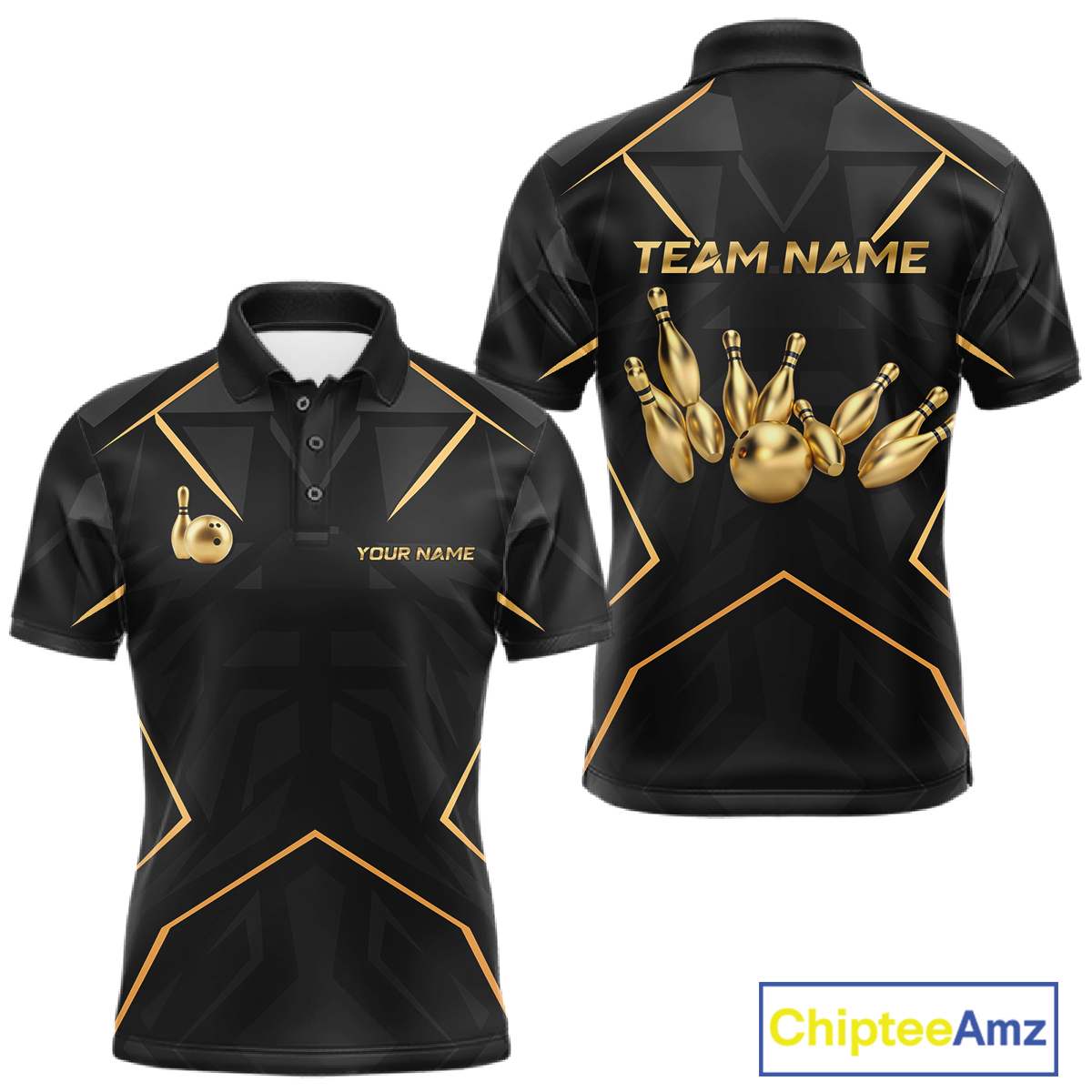 Custom Black and Gold Bowling Jersey for Men Bowling Team Shirts Bowling League Polo & 1/4 Zip HNT175