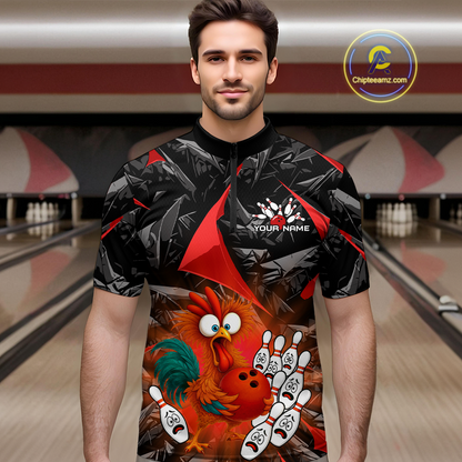 Custom Red Funny Chicken Bowling Jersey for Men Bowling Team Shirts  Polo & 1/4 Zip HNT138