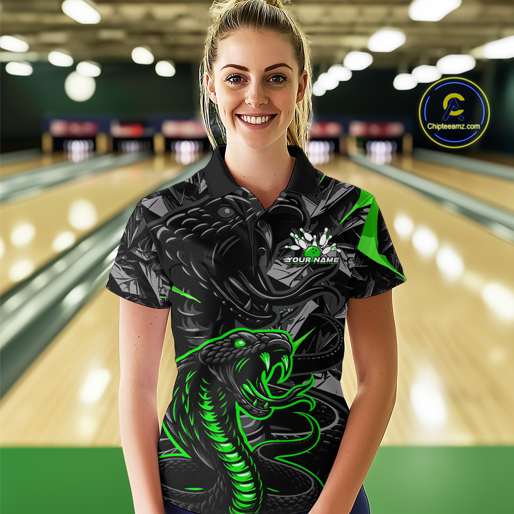 Custom Green Cobra Snake Bowling Jersey for Women Bowling Team Shirts Polo & 1/4 Zip HNT137