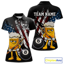 Load image into Gallery viewer, Custom Funny US Flag Beer 8 Ball Pool Women Billiard Polo &amp; 1/4 Zip, Billiard Shirt, Billiard Team Jerseys NNT146