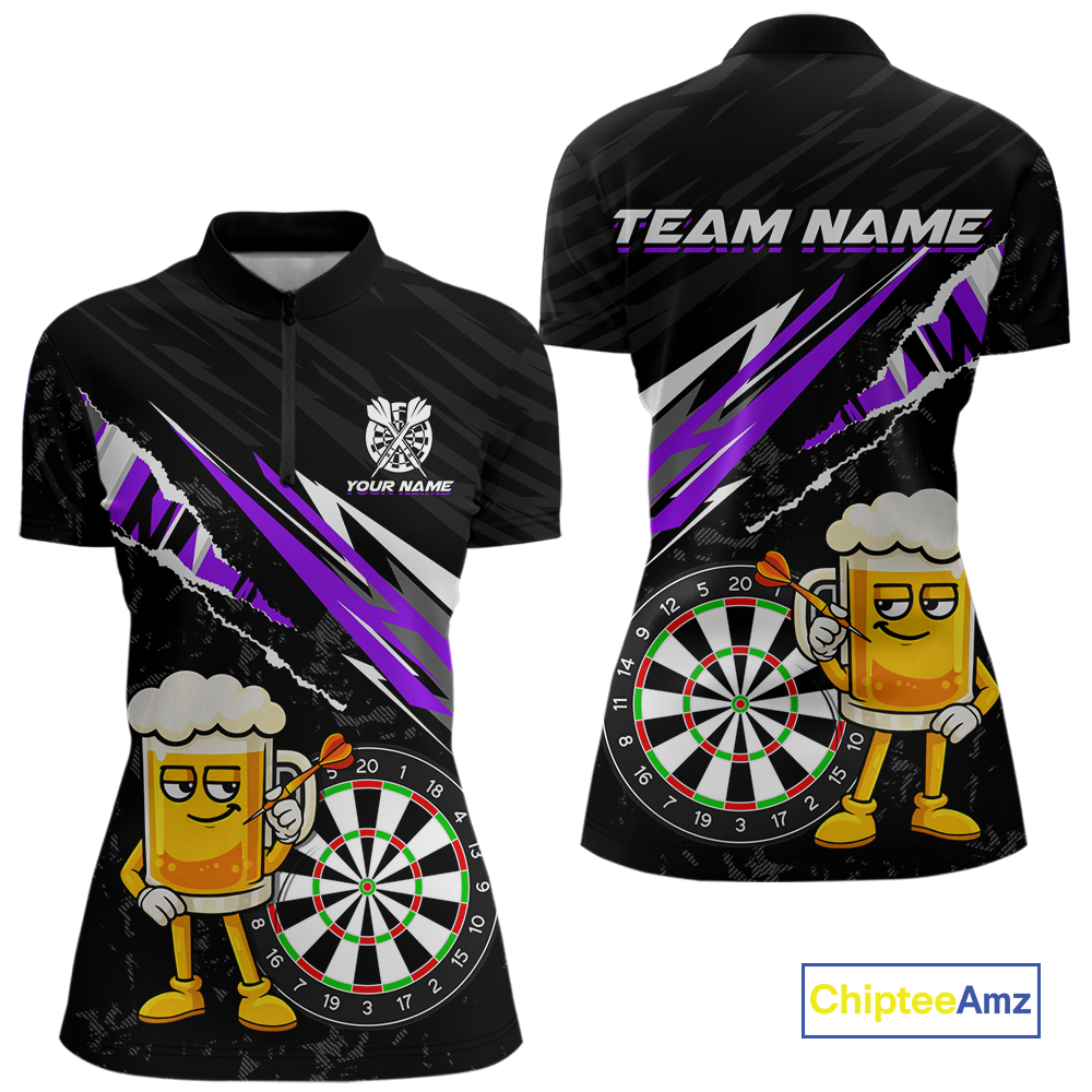 Custom Purple Funny Beer Dart Shirts for Women Darts Team Jerseys Dart Tournament Polo & 1/4 Zip NNT139
