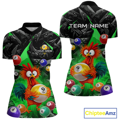 Custom Funny Green Chicken 9 Ball Pool Billiard Shirt for Women Polo & 1/4 Zip, Billiard Team Jerseys NNT157