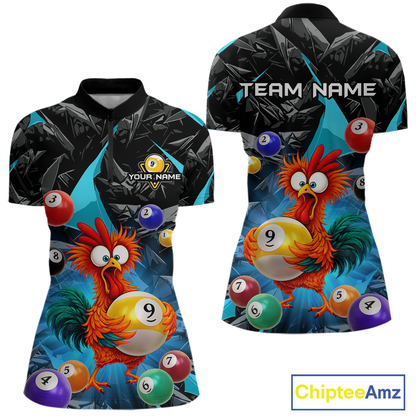 Custom Funny Turquoise Chicken 9 Ball Pool Billiard Shirt for Women Polo & 1/4 Zip, Billiard Team Jerseys NNT157