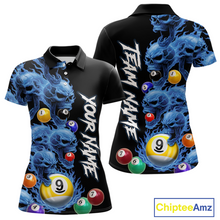 Load image into Gallery viewer, Custom Blue Flame Skull 9 Ball Pool Billiard Shirt for Women Polo &amp; 1/4 Zip, Billiard Team Jerseys NNT1159