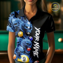 Load image into Gallery viewer, Custom Blue Flame Skull 9 Ball Pool Billiard Shirt for Women Polo &amp; 1/4 Zip, Billiard Team Jerseys NNT1159