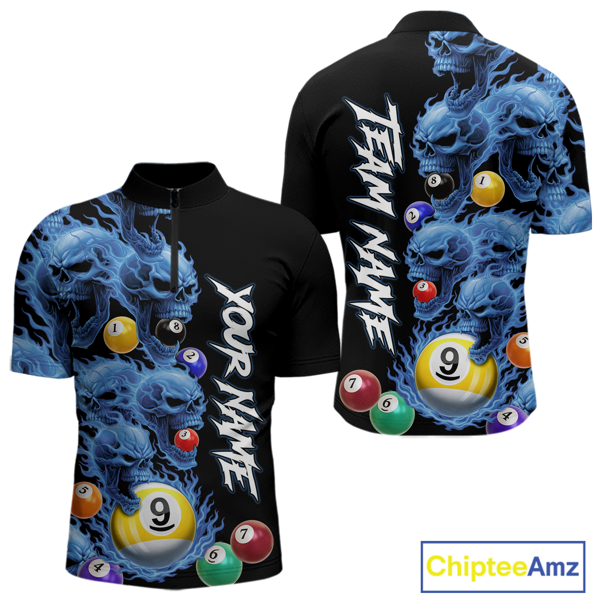 Custom Blue Flame Skull 9 Ball Pool Billiard Shirt for Men Polo & 1/4 Zip, Billiard Team Jerseys NNT159
