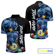 Load image into Gallery viewer, Custom Blue Flame Skull 9 Ball Pool Billiard Shirt for Men Polo &amp; 1/4 Zip, Billiard Team Jerseys NNT1159