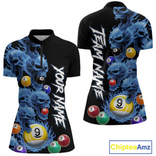 Load image into Gallery viewer, Custom Blue Flame Skull 9 Ball Pool Billiard Shirt for Women Polo &amp; 1/4 Zip, Billiard Team Jerseys NNT1159