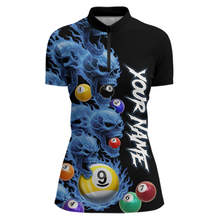 Load image into Gallery viewer, Custom Blue Flame Skull 9 Ball Pool Billiard Shirt for Women Polo &amp; 1/4 Zip, Billiard Team Jerseys NNT1159