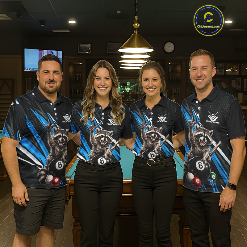 Custom Blue Funny Raccoon 8 Ball Billiard Shirt for Men Billiard Team Jersey Billiard League NNT191