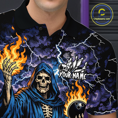 Custom Flame Grim Reaper Bowling Jersey for Men Polo & 1/4 Zip Bowling Team Shirts HNT222