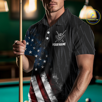 Men wearing personalized billiards polo shirt with an eagle positioned above pool balls while flag artwork flows across the black layout.
