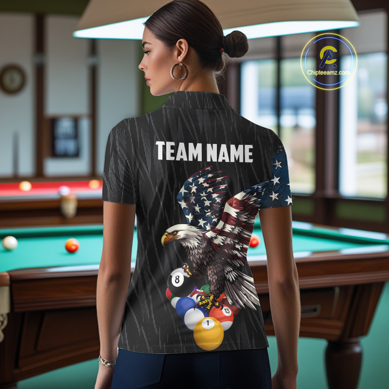 Women wearing personalized billiards polo shirt with an eagle positioned above pool balls while flag artwork flows across the black layout.