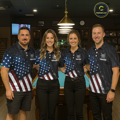 Four people wearing personalized billiards polo shirt with an eagle positioned above pool balls while flag artwork flows across the black layout.
