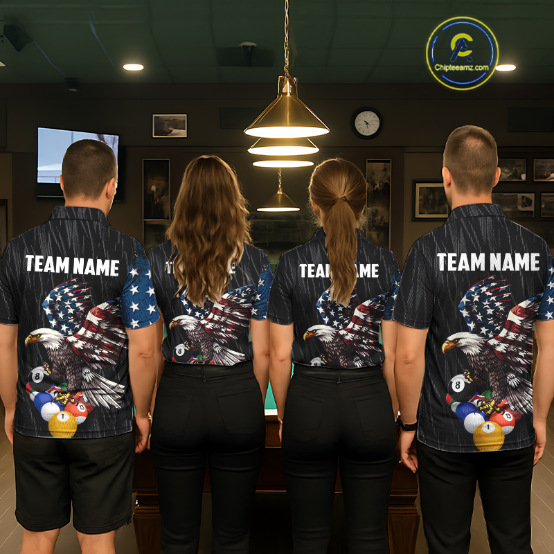 Four people wearing personalized billiards polo shirt with an eagle positioned above pool balls while flag artwork flows across the black layout.