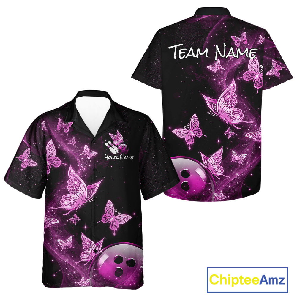 Custom Pink Galaxy Butterflies Hawaiian Bowling Jersey Bowling Team Shirts Bowling Uniform HNT277