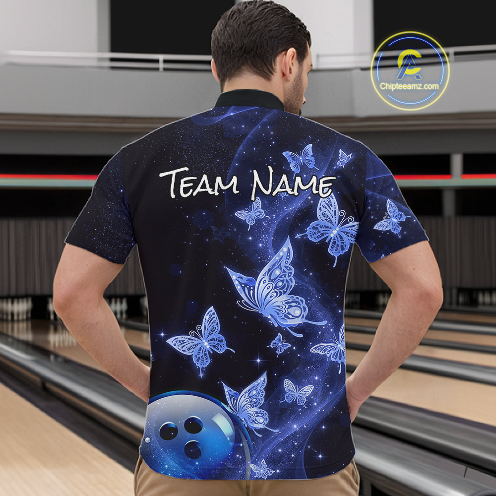 Custom Blue Galaxy Butterflies Bowling Shirt for Men Butterfly Bowling Team Jersey Bowling League HNT277